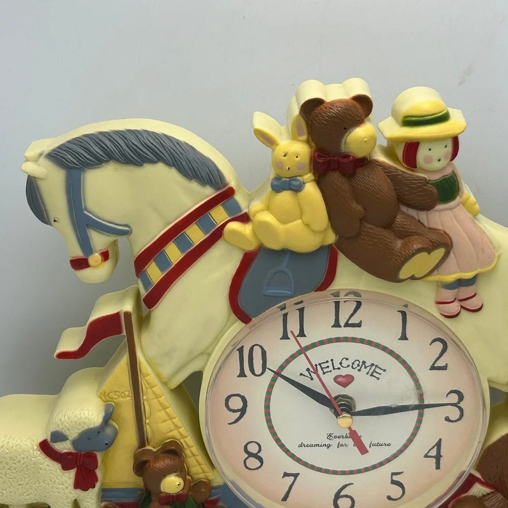Vintage Wall Clock Welcome Madeline Rocking Horse Bear 90s NostalgicPlastic Mold